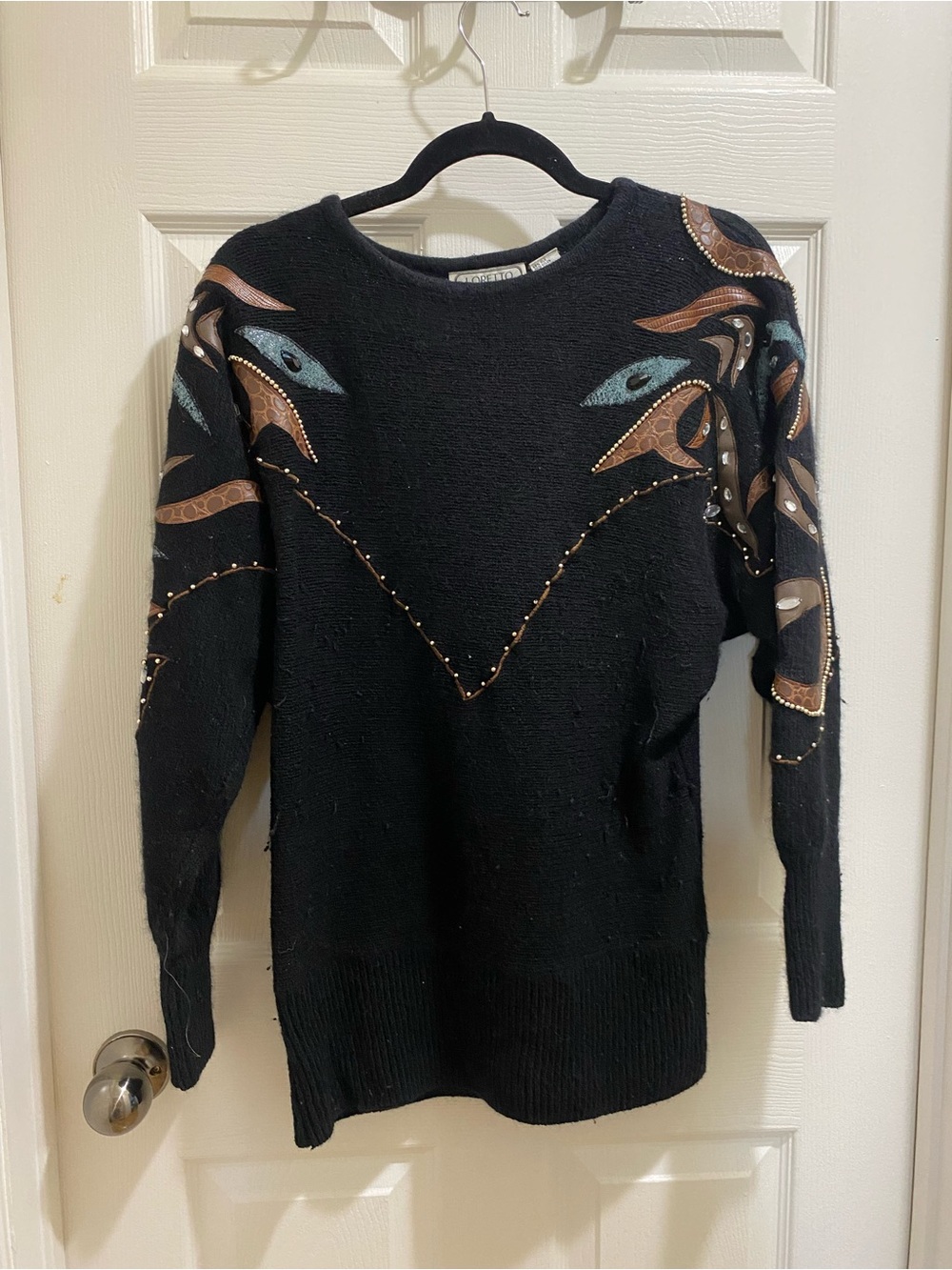 Black Embellished Crewneck Sweater with Scenic Motif